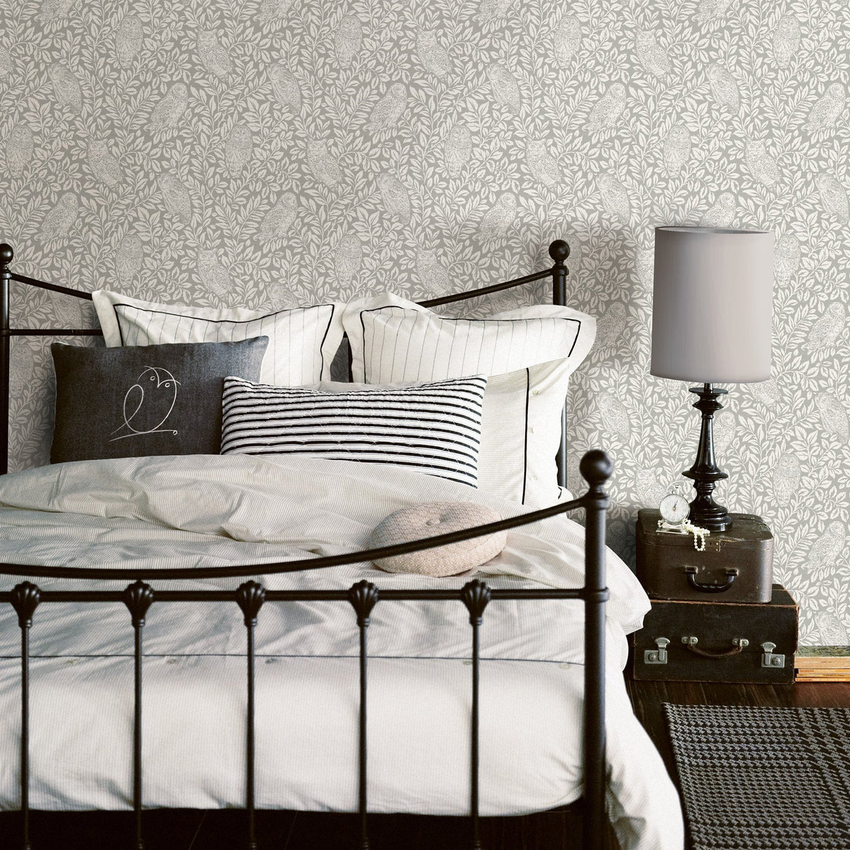 Parliament Grey Owl Wallpaper with White Woodland Owl and Leaf Motif - Chesapeake 3123-12411