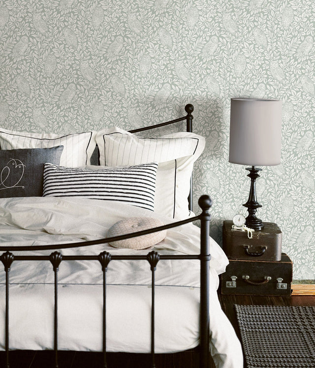 Parliament Seafoam Owl Wallpaper with Botanical Owl Pattern - Chesapeake 3123-12414