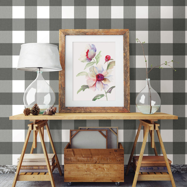 Amos Charcoal Gingham Wallpaper with Farmhouse Plaid Pattern - Chesapeake 3123-12532