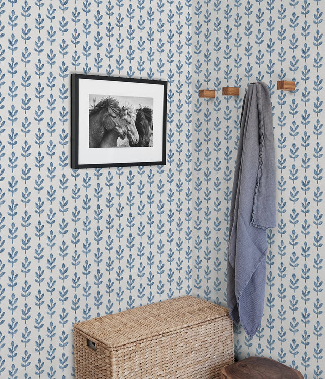 Whiskers Blue Leaf Wallpaper with Scandinavian Botanical Motif - Chesapeake 3123-13841