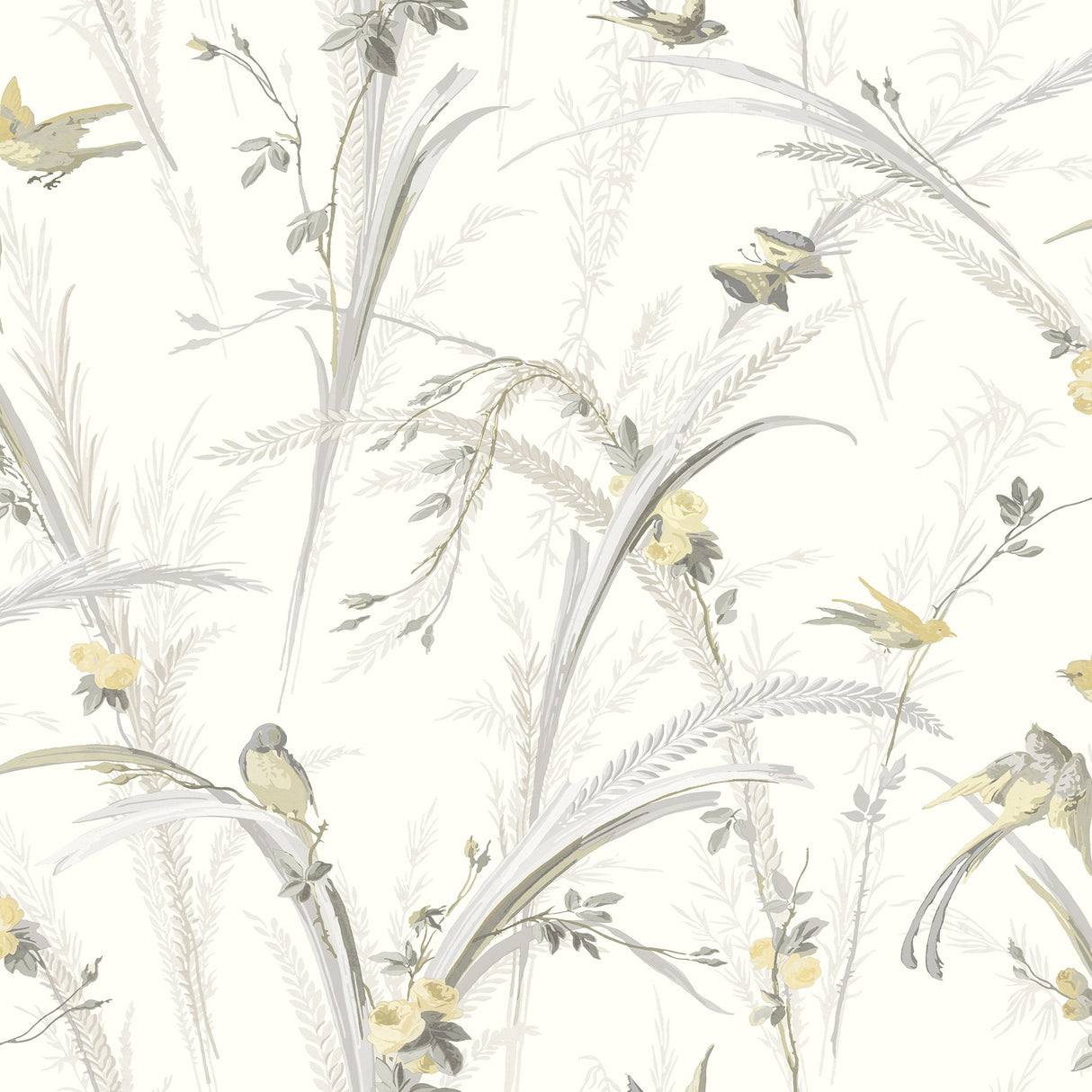 Meadowlark Yellow Botanical Wallpaper with Birds and Butterflies - Chesapeake 3123-193210