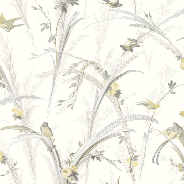 Meadowlark Yellow Botanical Wallpaper with Birds and Butterflies - Chesapeake 3123-193210