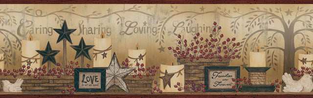 Caring Candles Red Country Border with Rustic Candles, Stars and Berry Motif - Chesapeake 3123-2281