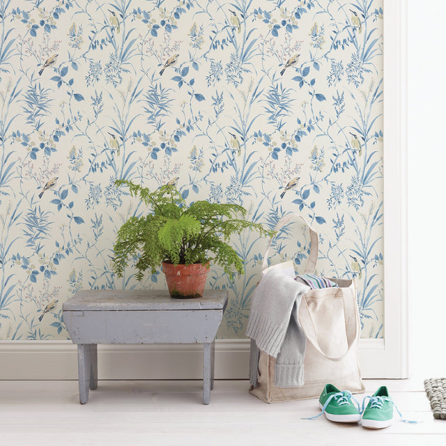 Imperial Garden Blue Botanical Wallpaper with Birds Motif - Chesapeake 3123-24170