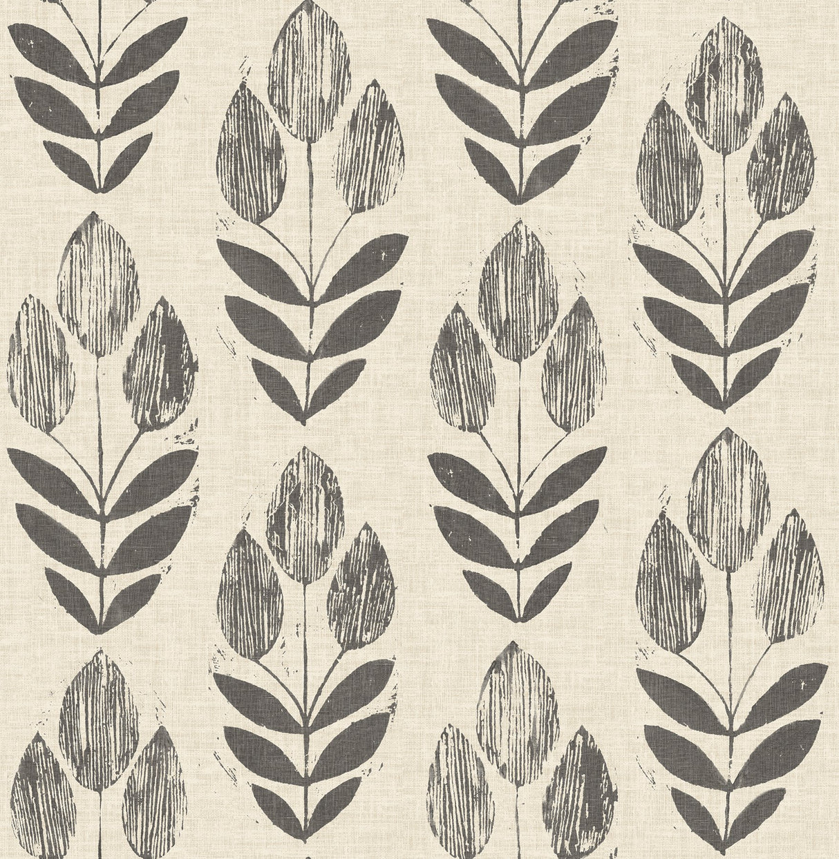 Garland Black Block Tulip Wallpaper with Scandinavian Botanical Motif - Chesapeake 3123-24474