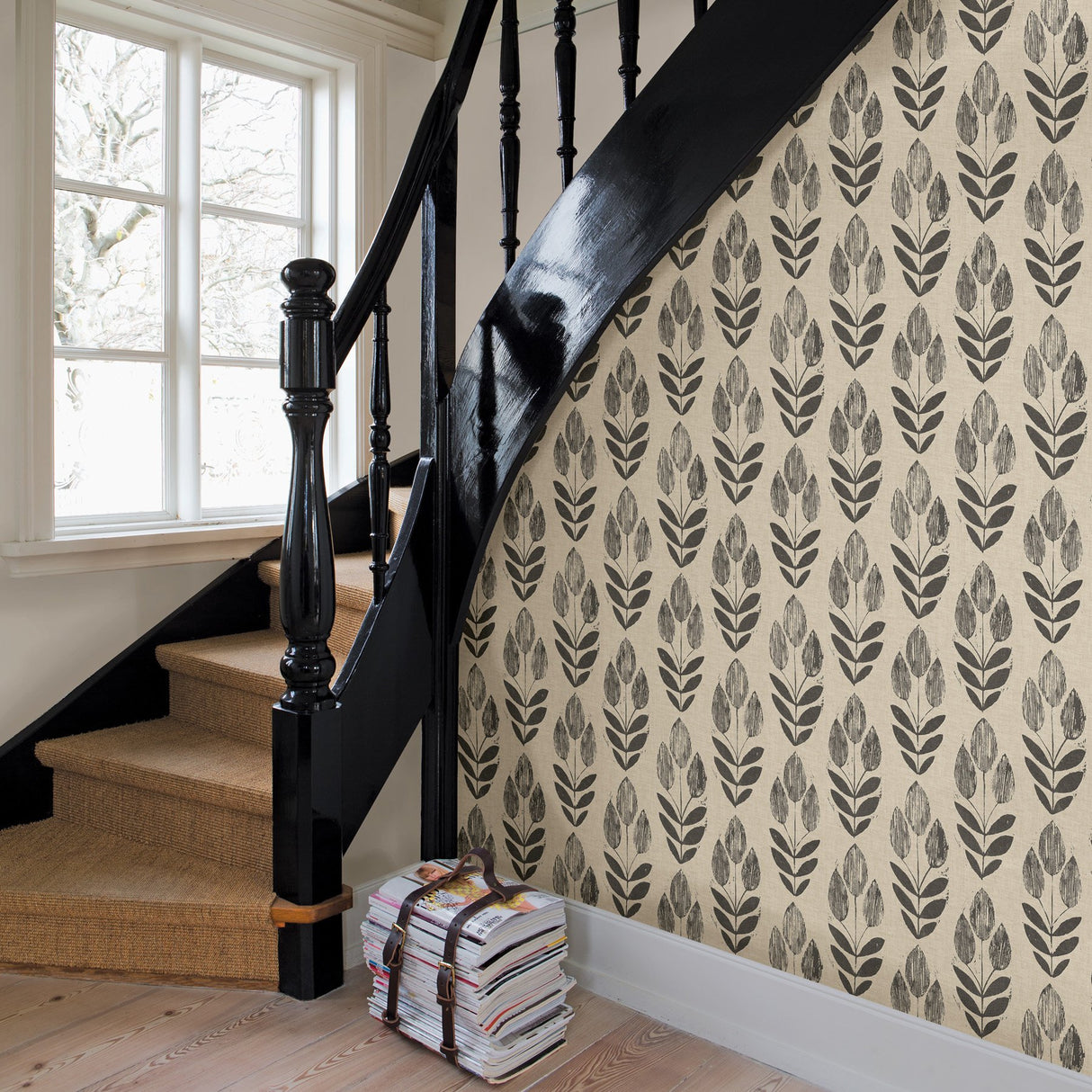 Garland Black Block Tulip Wallpaper with Scandinavian Botanical Motif - Chesapeake 3123-24474