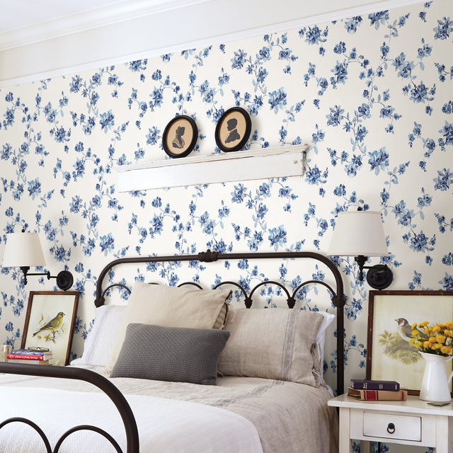 Cyrus Blueberry Festive Floral Wallpaper with Watercolor Floral Trail - Chesapeake 3123-24481