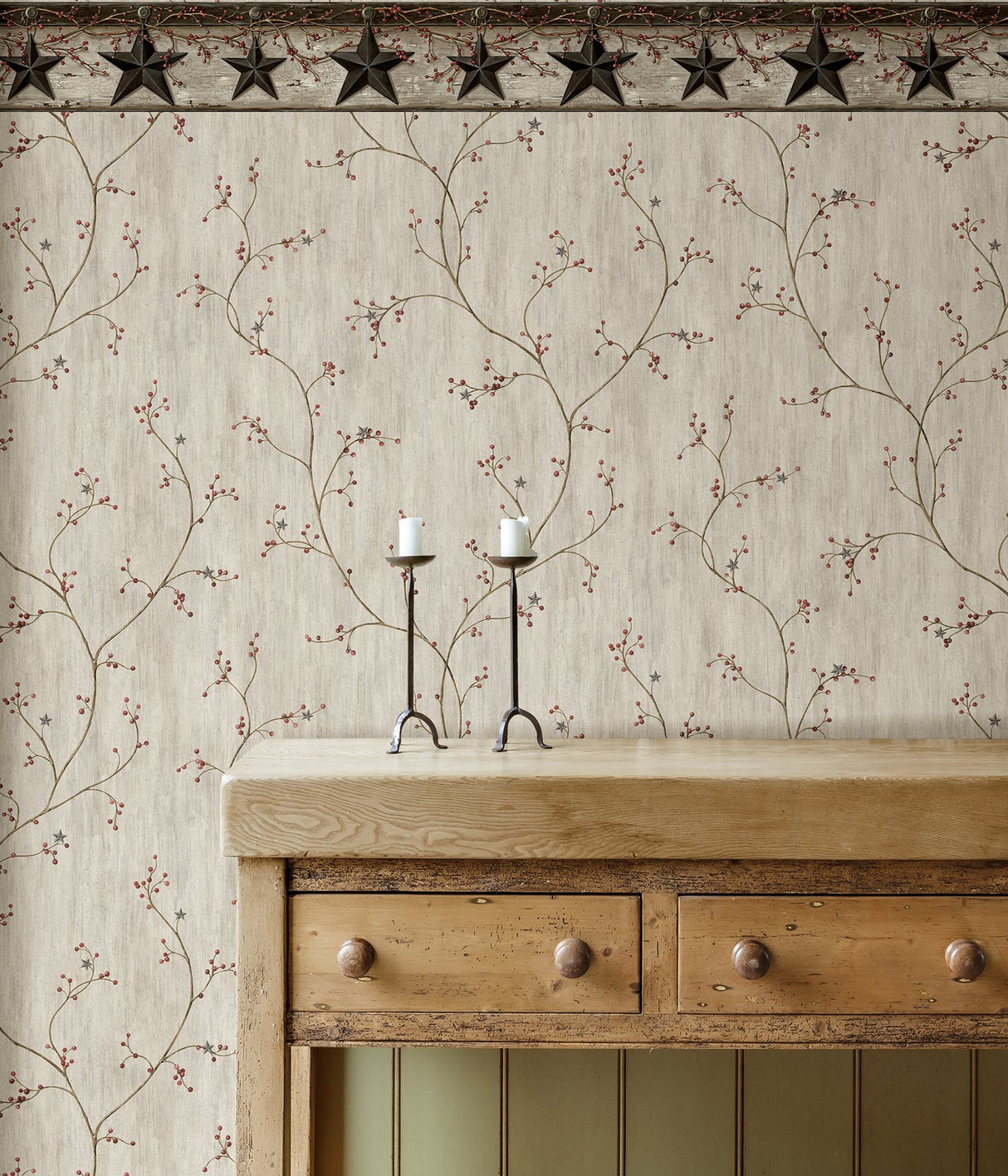 Justine Light Grey Berry Trail Wallpaper with Country Botanical Trail Motif - Chesapeake 3123-44031