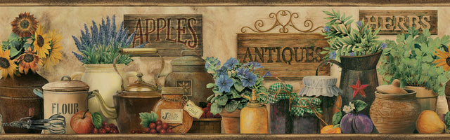 Brittany Black Antiques & Herbs Border Wallpaper with Country Novelty Graphics - Chesapeake 3123-44581