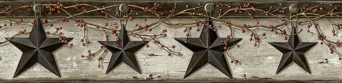 Ennis Black Rustic Barn Star Border Wallpaper with Country Stars Motif ...