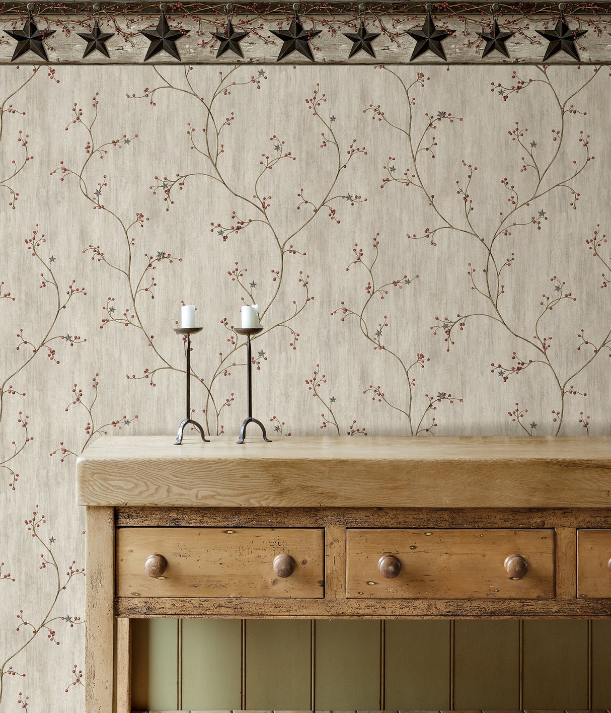 Ennis Black Rustic Barn Star Border Wallpaper with Country Stars Motif - Chesapeake 3123-44601