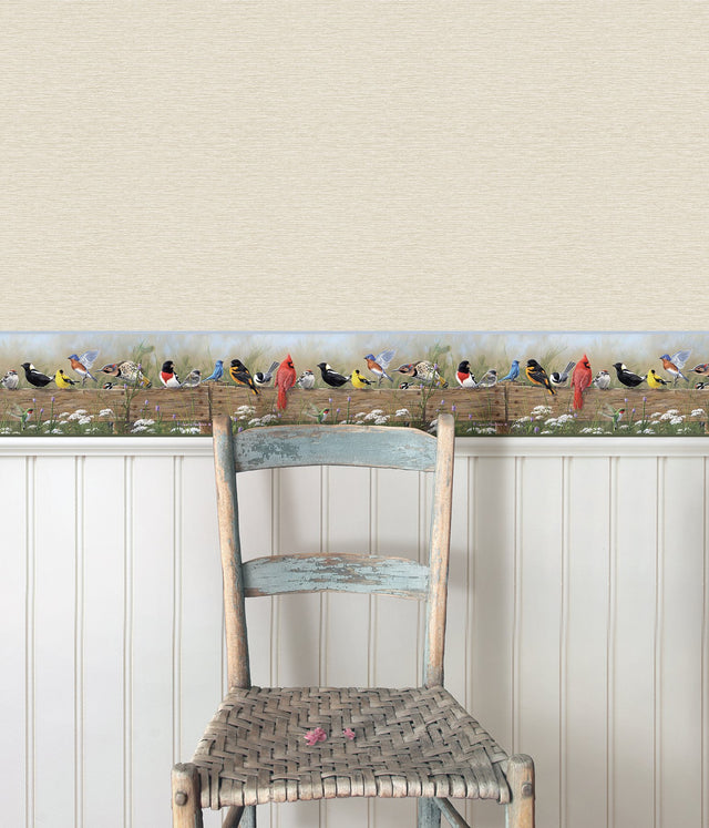 Flock Multicolor Menagerie Border Wallpaper with Country Birds Motif - Chesapeake 3123-44671