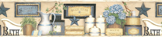 Martha Blue Country Bath Border Wallpaper with Country Novelty Graphics - Chesapeake 3123-63101