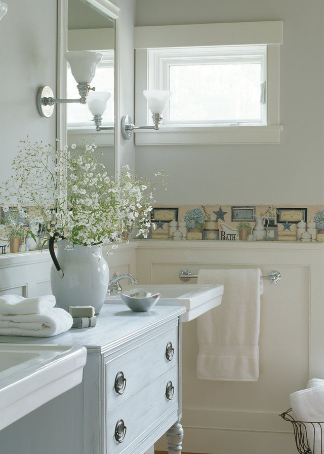 Martha Blue Country Bath Border Wallpaper with Country Novelty Graphics - Chesapeake 3123-63101