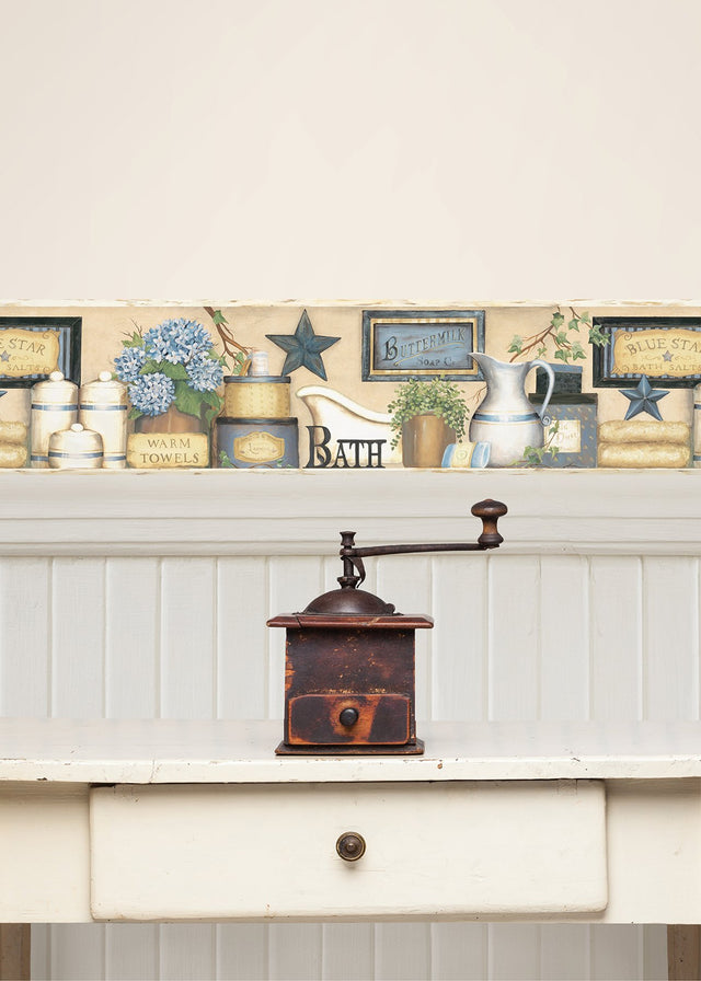 Martha Blue Country Bath Border Wallpaper with Country Novelty Graphics - Chesapeake 3123-63101