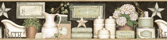 Martha Black Country Bath Wallpaper Border with Novelty Graphics - Chesapeake 3123-63102