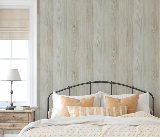 Mapleton Seafoam Wood Wallpaper with Rustic Faux Wood Plank Pattern - Chesapeake 3123-64227