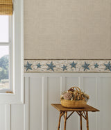 Blue Heritage Tin Star Wallpaper Border Blue by Chesapeake Prepasted Non Woven Washable Country Rustic Novelty Tin Star and Berry Branch - RJ65366
