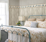 Blue Heritage Tin Star Wallpaper Border Blue by Chesapeake Prepasted Non Woven Washable Country Rustic Novelty Tin Star and Berry Branch - RJ65366