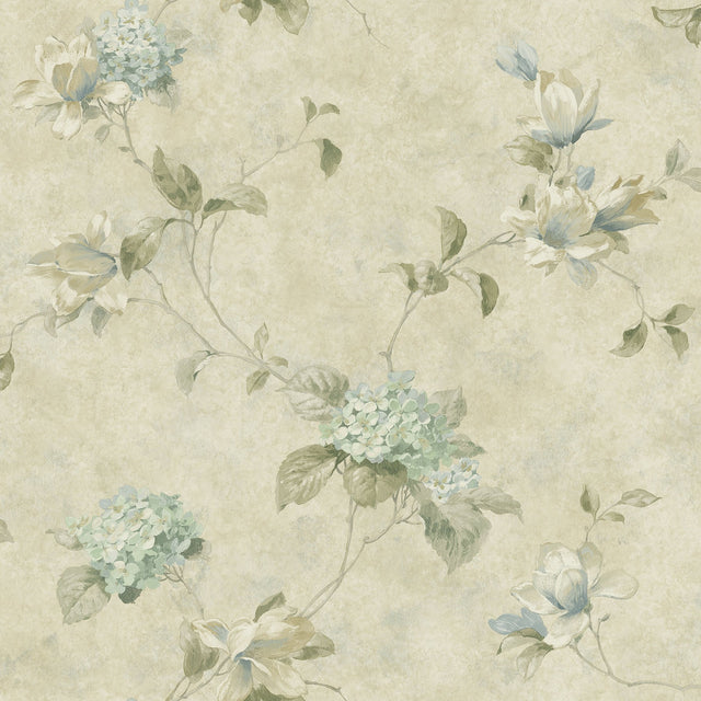 Magnolia Teal Hydrangea Trail Wallpaper with Country Botanical Floral Pattern - Chesapeake 3123-76305