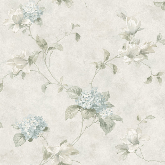 Magnolia Light Blue Hydrangea Trail Wallpaper with Botanical Floral Pattern, Country Style - Chesapeake 3123-76306