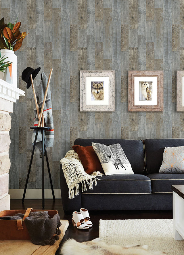 Chebacco Slate Wood Planks Wallpaper with Rustic Wood Plank Motif - Chesapeake 3124-12691