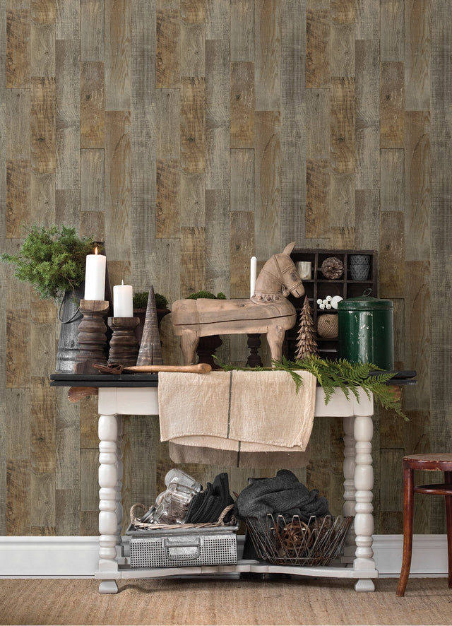 Chebacco Brown Wood Planks Wallpaper with Rustic Raised-Ink Texture - Chesapeake 3124-12693