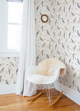 Birdsong Orange Trail Wallpaper with Watercolor Birds on Vines - Chesapeake 3124-13851