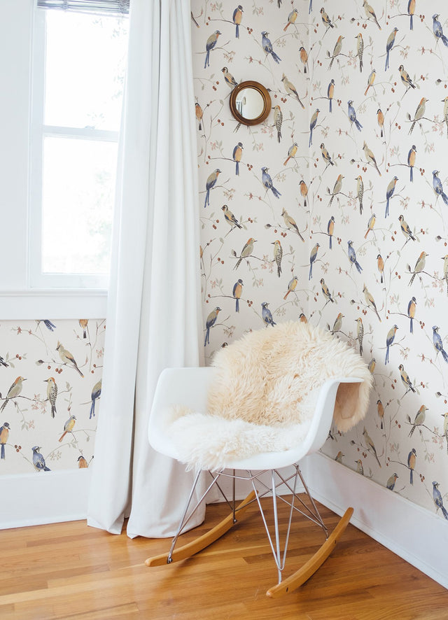 Birdsong Orange Trail Wallpaper with Watercolor Birds on Vines - Chesapeake 3124-13851