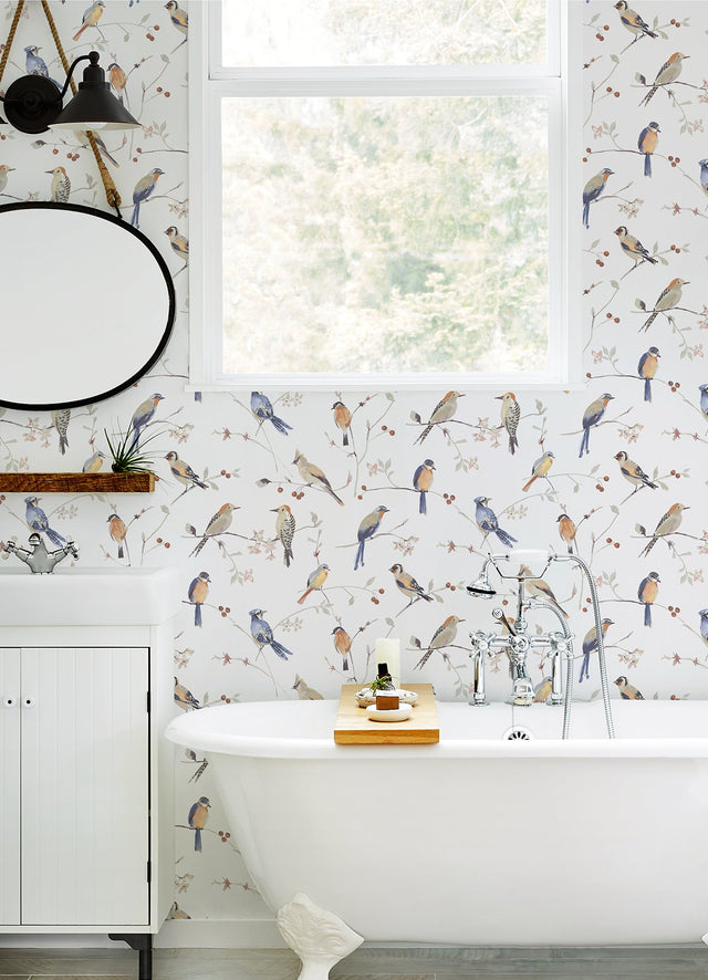 Birdsong Orange Trail Wallpaper with Watercolor Birds on Vines - Chesapeake 3124-13851