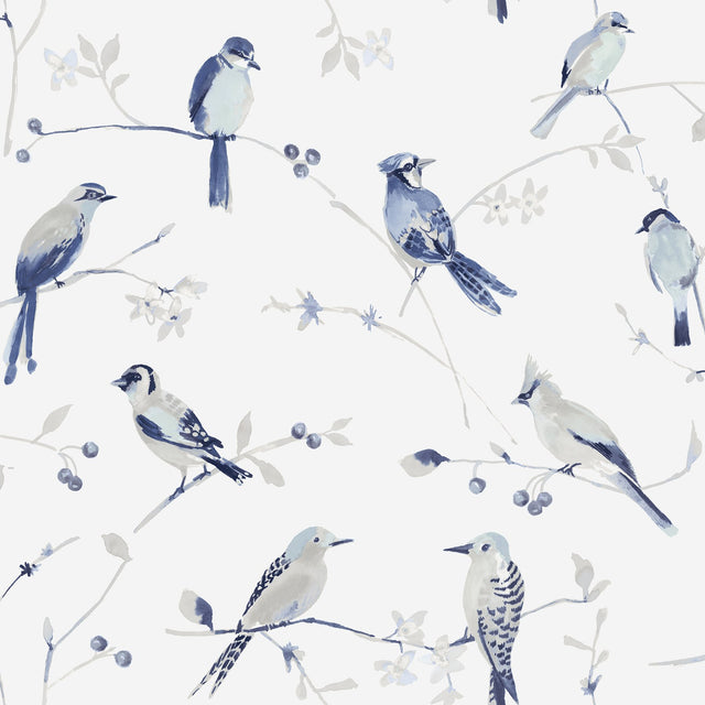 Birdsong Blue Trail Wallpaper with Handprinted Blue and Grey Birds - Chesapeake 3124-13852