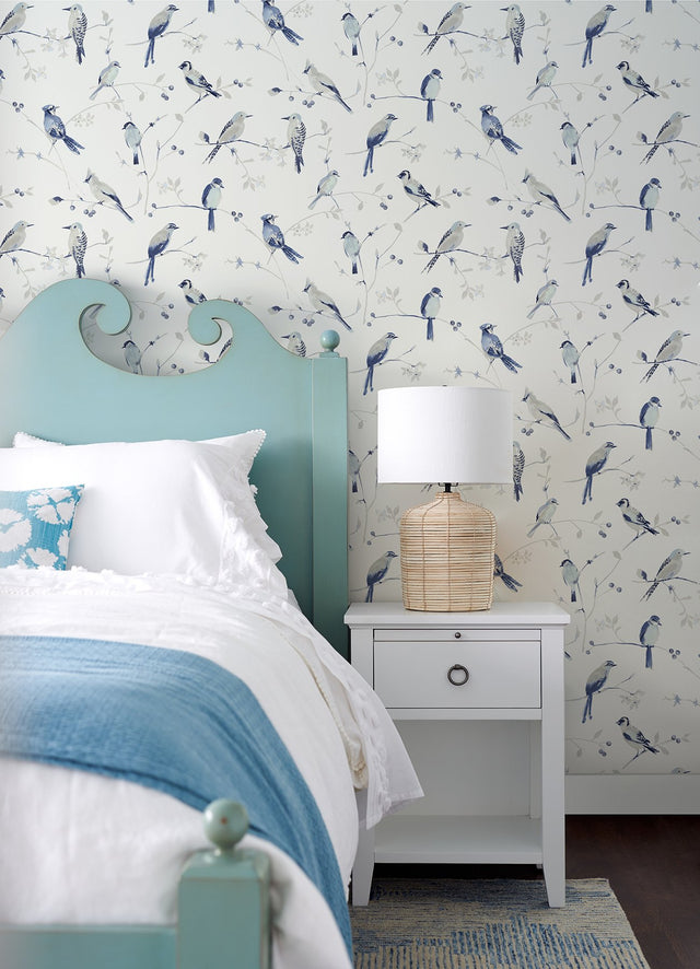 Birdsong Blue Trail Wallpaper with Handprinted Blue and Grey Birds - Chesapeake 3124-13852