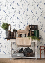 Birdsong Blue Trail Wallpaper with Handprinted Blue and Grey Birds - Chesapeake 3124-13852