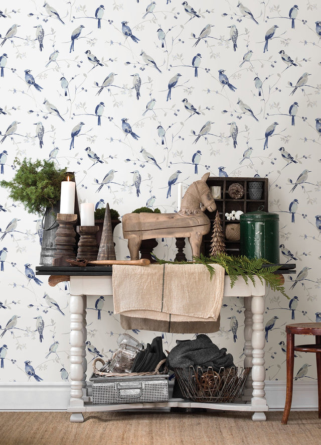 Birdsong Blue Trail Wallpaper with Handprinted Blue and Grey Birds - Chesapeake 3124-13852