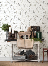 Birdsong Grey Trail Wallpaper with Watercolor Birds Botanical - Chesapeake 3124-13853