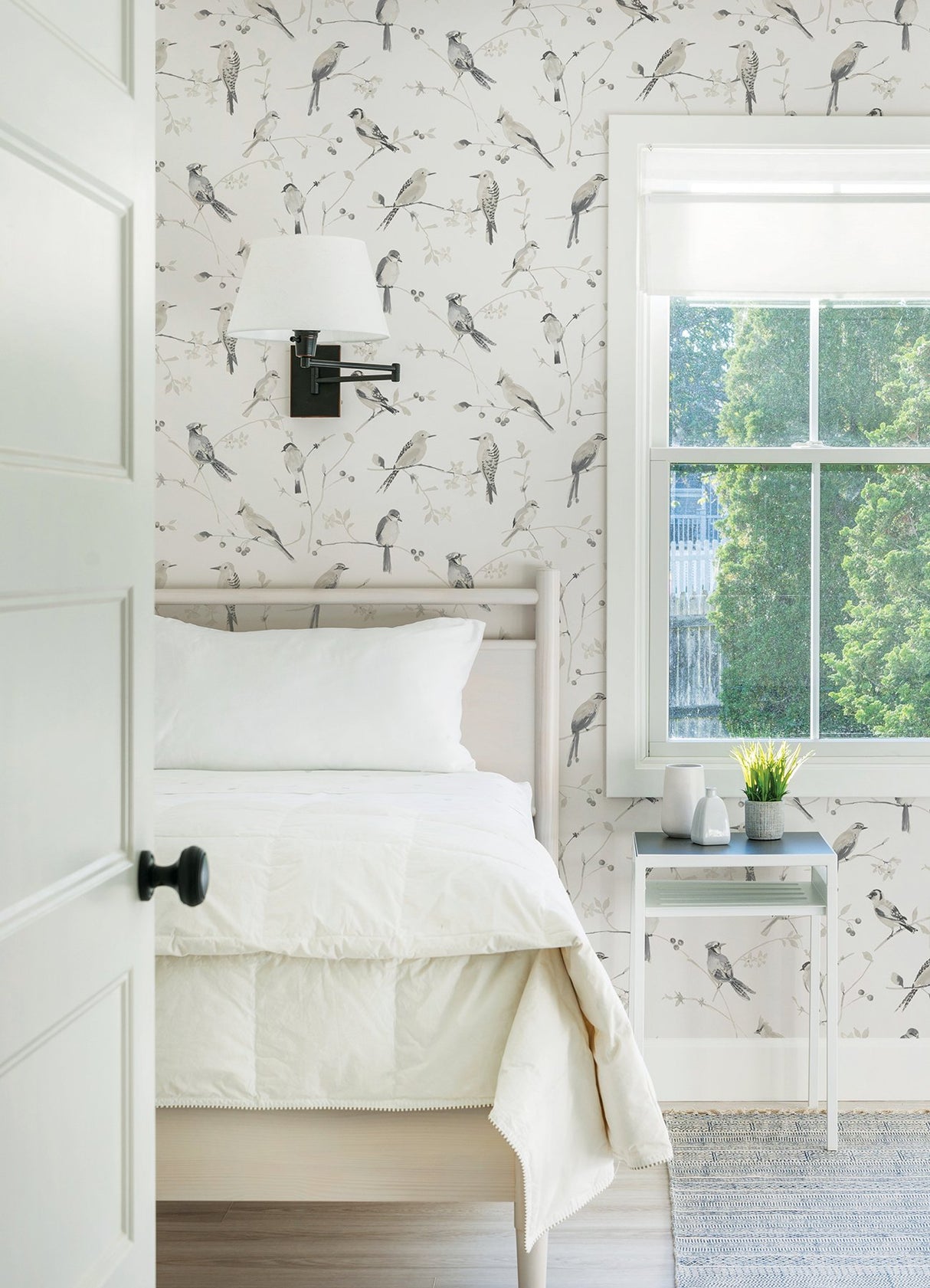 Birdsong Grey Trail Wallpaper with Watercolor Birds Botanical - Chesapeake 3124-13853
