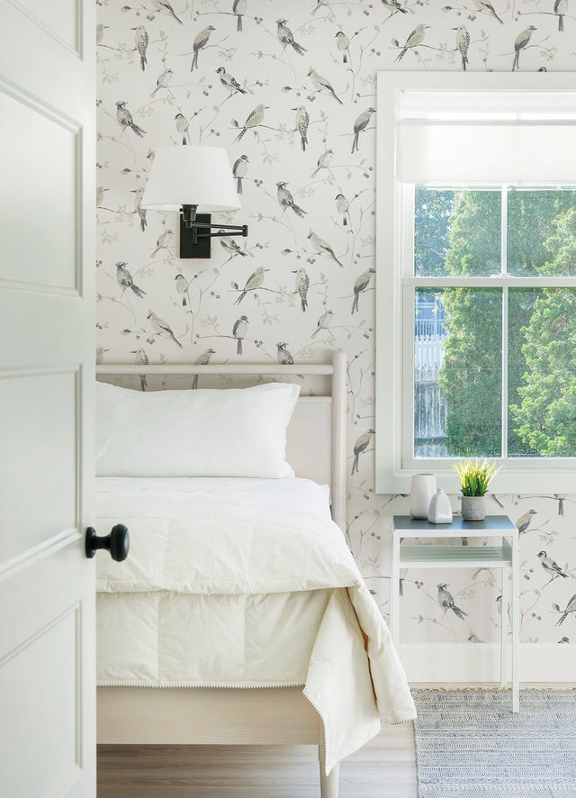 Birdsong Grey Trail Wallpaper with Watercolor Birds Botanical - Chesapeake 3124-13853