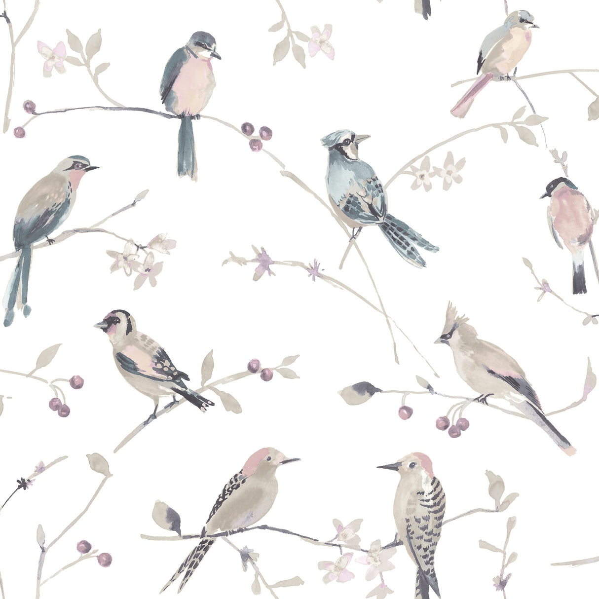 Birdsong Mauve Trail Wallpaper with Farmhouse Birds Pattern - Chesapeake 3124-13854