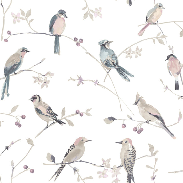 Birdsong Mauve Trail Wallpaper with Farmhouse Birds Pattern - Chesapeake 3124-13854
