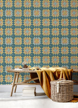 Maud Teal Crochet Geometric Wallpaper with Granny Square Motif - Chesapeake 3124-13862
