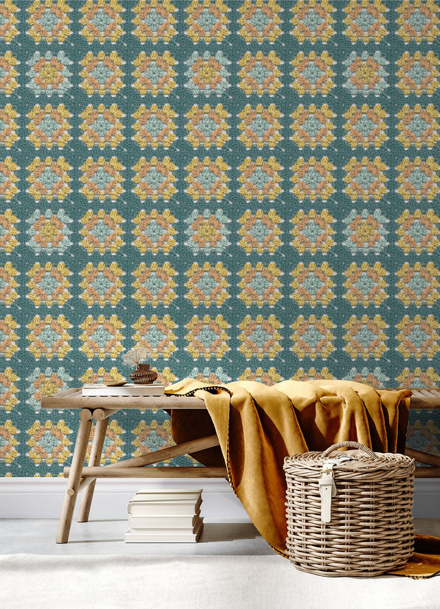 Maud Teal Crochet Geometric Wallpaper with Granny Square Motif - Chesapeake 3124-13862