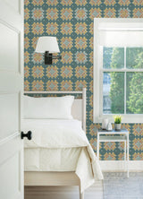 Maud Teal Crochet Geometric Wallpaper with Granny Square Motif - Chesapeake 3124-13862