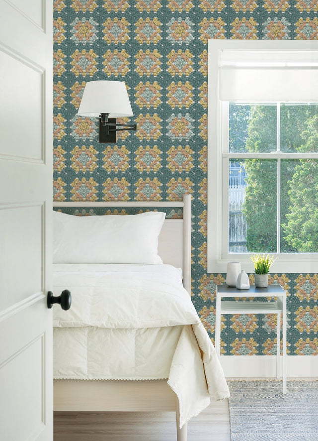 Maud Teal Crochet Geometric Wallpaper with Granny Square Motif - Chesapeake 3124-13862