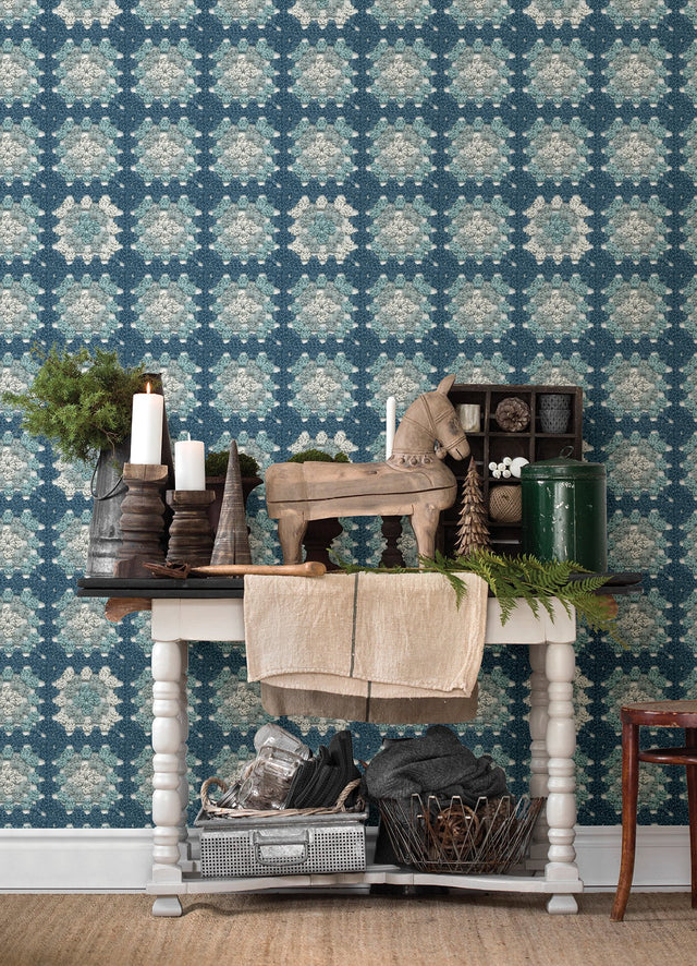 Maud Blue Crochet Geometric Wallpaper with Eclectic Abstract Pattern - Brewster 3124-13864