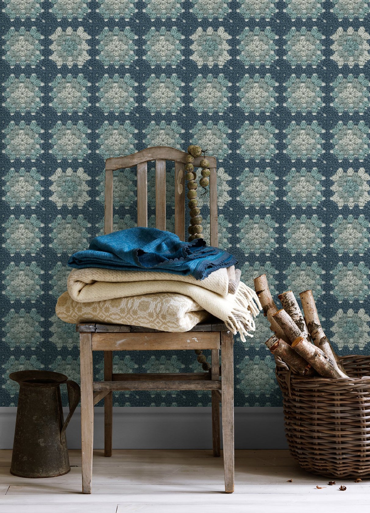 Maud Blue Crochet Geometric Wallpaper with Eclectic Abstract Pattern - Brewster 3124-13864