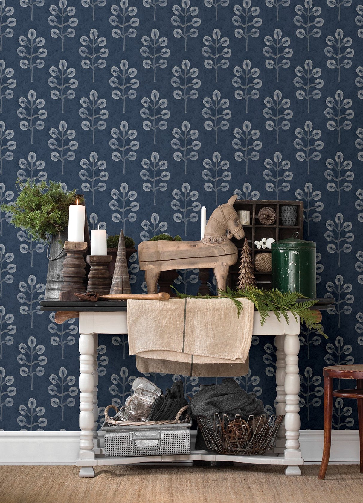 Plum Tree Dark Blue Botanical Wallpaper with Bohemian Tree Block Print - Chesapeake 3124-13872