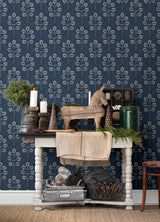Plum Tree Dark Blue Botanical Wallpaper with Bohemian Tree Block Print - Chesapeake 3124-13872