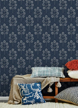 Plum Tree Dark Blue Botanical Wallpaper with Bohemian Tree Block Print - Chesapeake 3124-13872