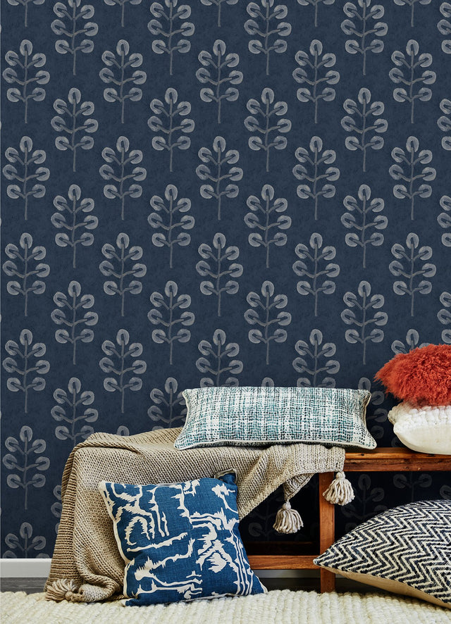 Plum Tree Dark Blue Botanical Wallpaper with Bohemian Tree Block Print - Chesapeake 3124-13872