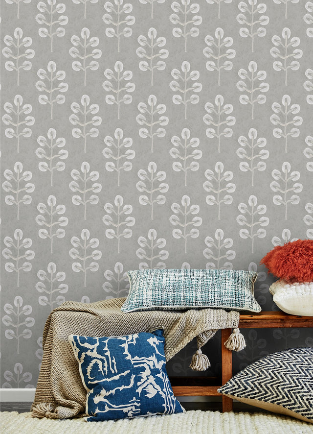 Plum Tree Grey Botanical Wallpaper with Block-Print Tree Motif - Chesapeake 3124-13876